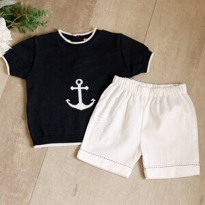 Boy's Navy & White Nautical Dressy Short Set 100% Cotton Boutique 6/9 Months NWT